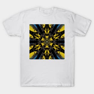 yellow blue and black kaleidoscopic hexagonal design T-Shirt